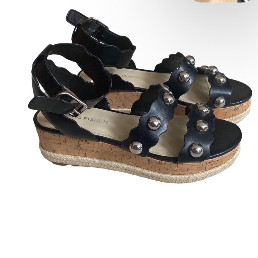 Marc Fisher‎ Womens Black Studded Ankle Strap Sandals Espadrille Wedge Shoes 7M